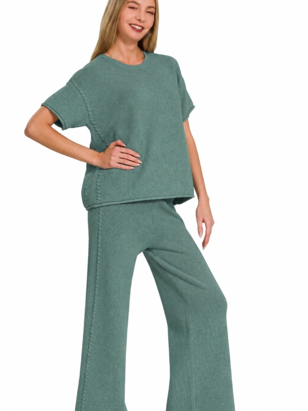 Zenana Premium Viscose Blend Ash Jade Knit Pants Set NWOT - Picture 5 of 8